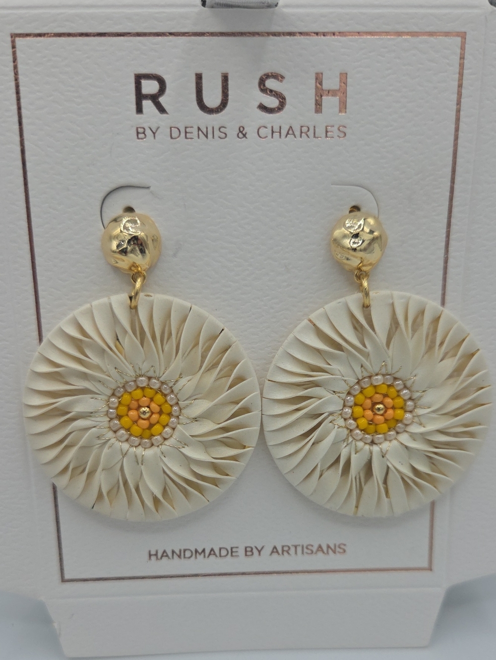 5 for $25! RUSH by Denis & Charles Cream and Yellow Floral Disc Earrings